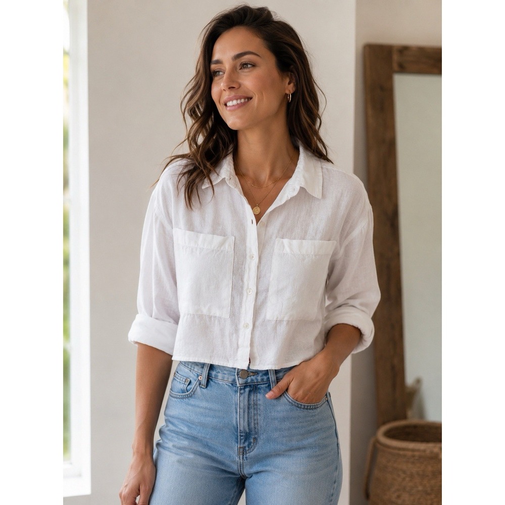 Cynthia Rowley Women's M White Linen Cropped Shirt  Long Sleeve Boho Resort